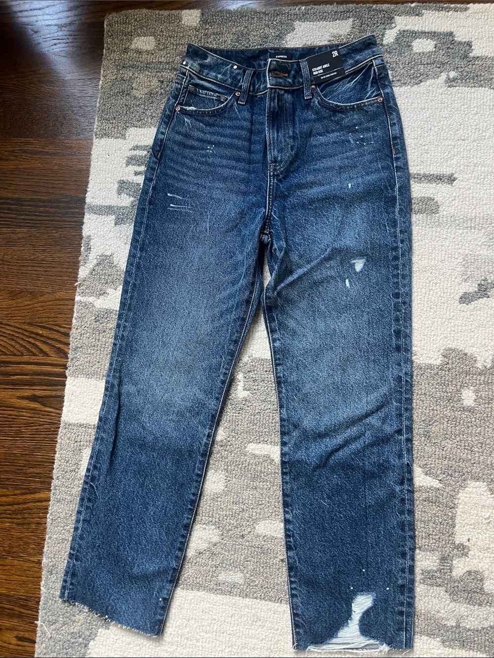 Express High-Rise Dark Blue Distressed Straight Jeans